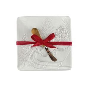 Mud Pie Santa in a Sleigh Cheese Plate with Spreader NWOT